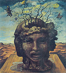 Manuel González Serrano, «Autorretrato en tres tiempos», óleo sobre madera, 1947.