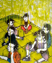 Fabiola Gómez, «Juego con niños», técnica mixta sobre tela, 2010.
