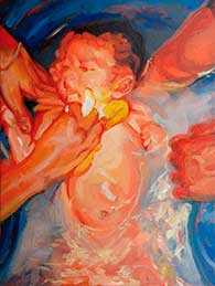 Patricia G. Santiago, «El baño del bebé», óleo sobre lámina de cobre, 2008.