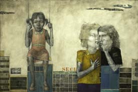 Alejandro Varela, «Secretos», óleo y collage sobre tela, 2009.