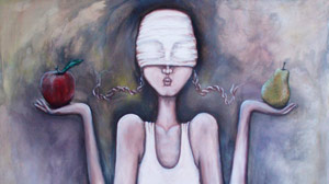Noemí Penela García, «Mujer balanza», detalle, acrílico sobre tela, 2010.