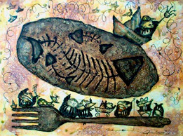 Ronald Espinosa Nieto, «Pescando hambre», técnica mixta sobre tela, 2007.
