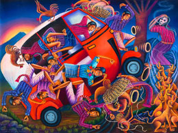 Diego Isaías Hernández Méndez, «Susto y accidente en el camino por la Llorona», óleo sobre tela, 2011.