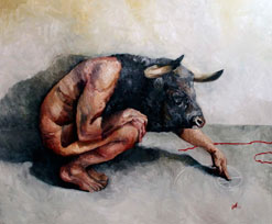 Ian Francisco Soriano, «El Minotauro medita sobre la espiral dorada», óleo sobre tela, 2015.