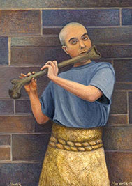 Marianela de la Hoz, «El flautista», temple sobre panel, 2008.