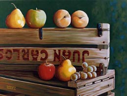 Enriqueta Aguilo,«Cajones con Frutas», óleo sobre tela, 1996.