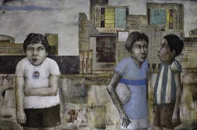 Alejandro Varela, «El gordo al arco», óleo y collage sobre tela, 2006.