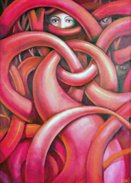 Maisel López, «Mundo rojo», óleo sobre tela, 2013.