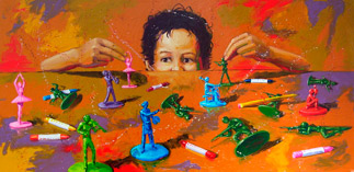 Ricardo Cruz Fuentes, «Armas vs. arte», óleo sobre madera, 2013.