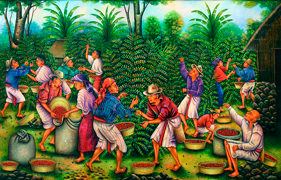 Mariano González Chavajay, «Cosechando café», óleo sobre tela, 2004.