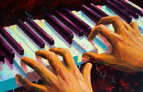 Ricardo Cruz Fuentes, «El pianista», óleo sobre madera, 2013.
